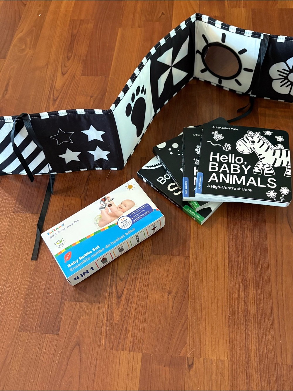 Black & White High-Contrast Baby Activity Book, Sock Rattles, and Toy Set